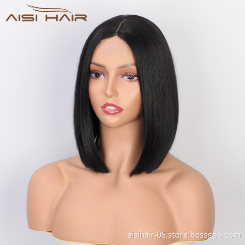Aisi Hair Wholesale Cheap Vendor Natural Straight Wave Short Bob Lace Frontal Wig Synthetic Hair For Black Women Lace Front Wig